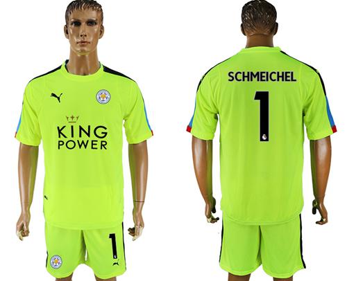 Leicester City #1 Schmeichel Shiny Green Goalkeeper Soccer Club Jersey - Click Image to Close
